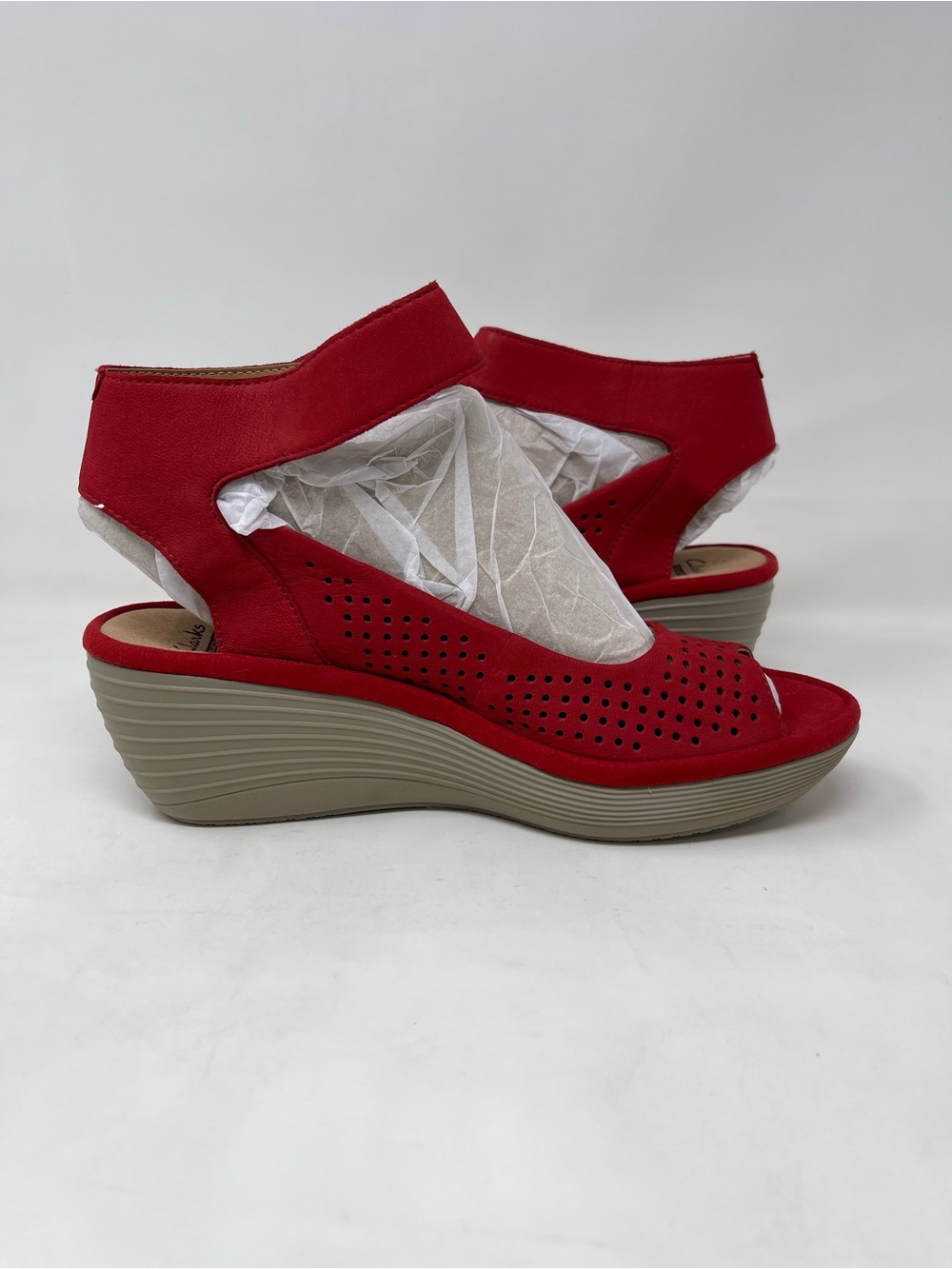 Clarks Red Perforated Ankle-Strap Wedge Sandals - Picture 7 of 8